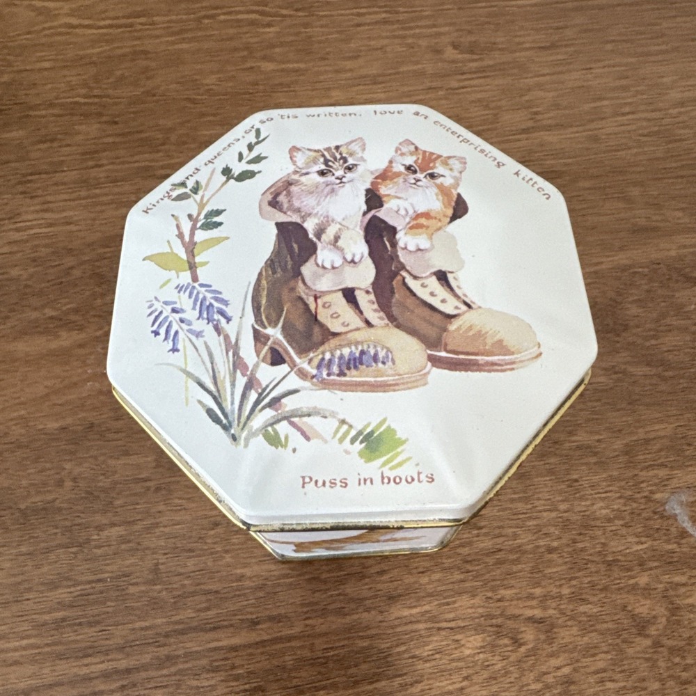 Vintage Puss in Boots design with kittens octagonal tin box Made In England